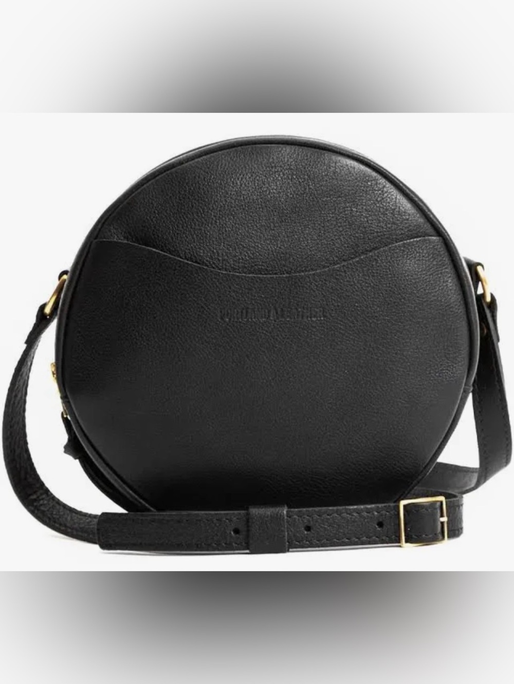 PORTLAND LEATHER Small “Almost Perfect” Black Round Leather Crossbody Bag